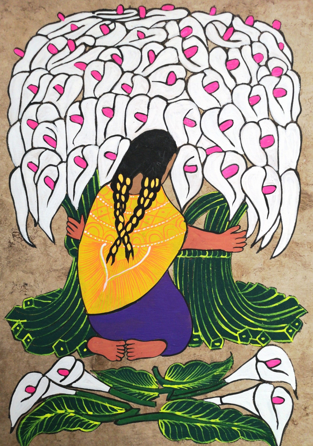 Calla Lily Flower Seller - Bark Painting 24" x 16"