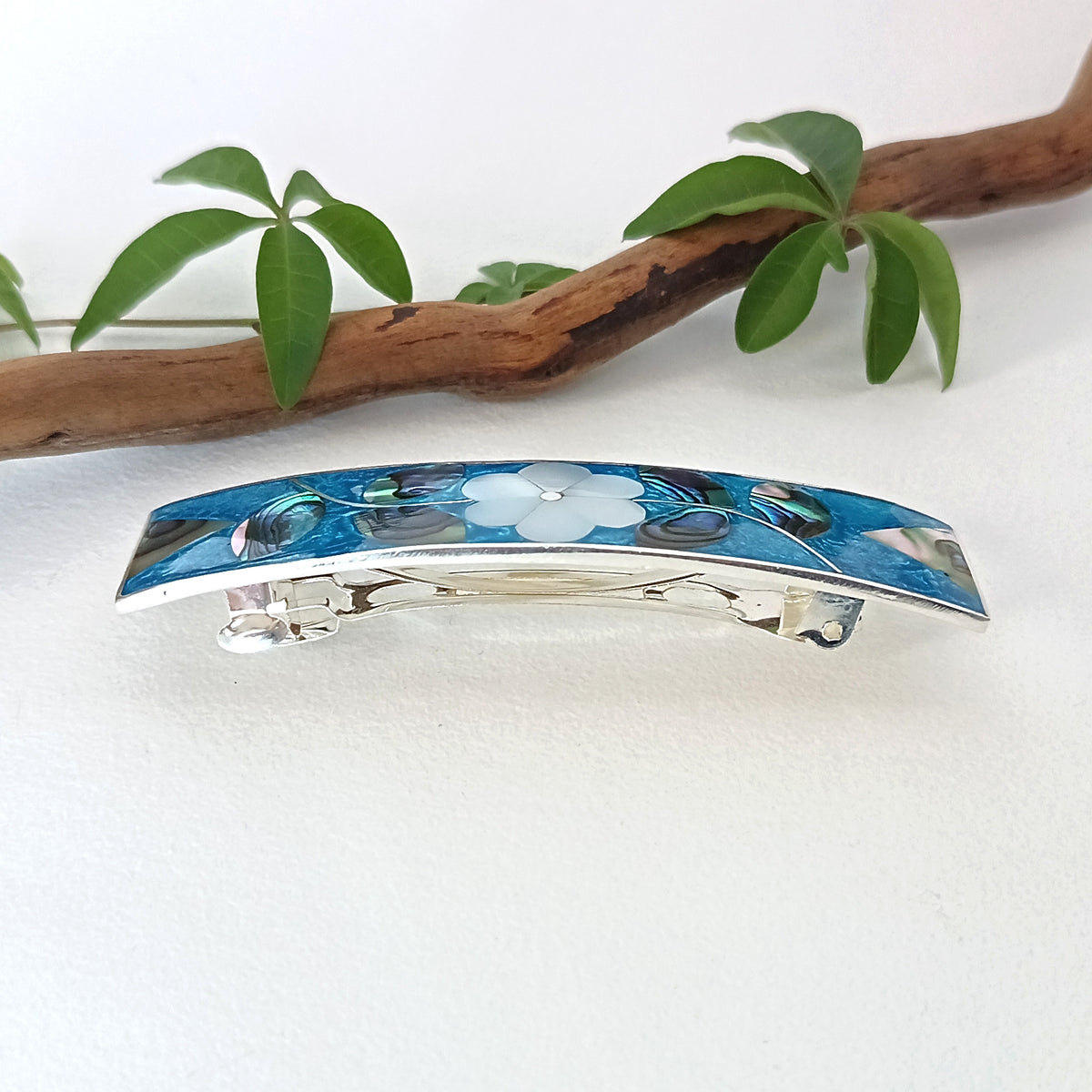 Mother of Pearl & Teal Enamel Hair Barrette