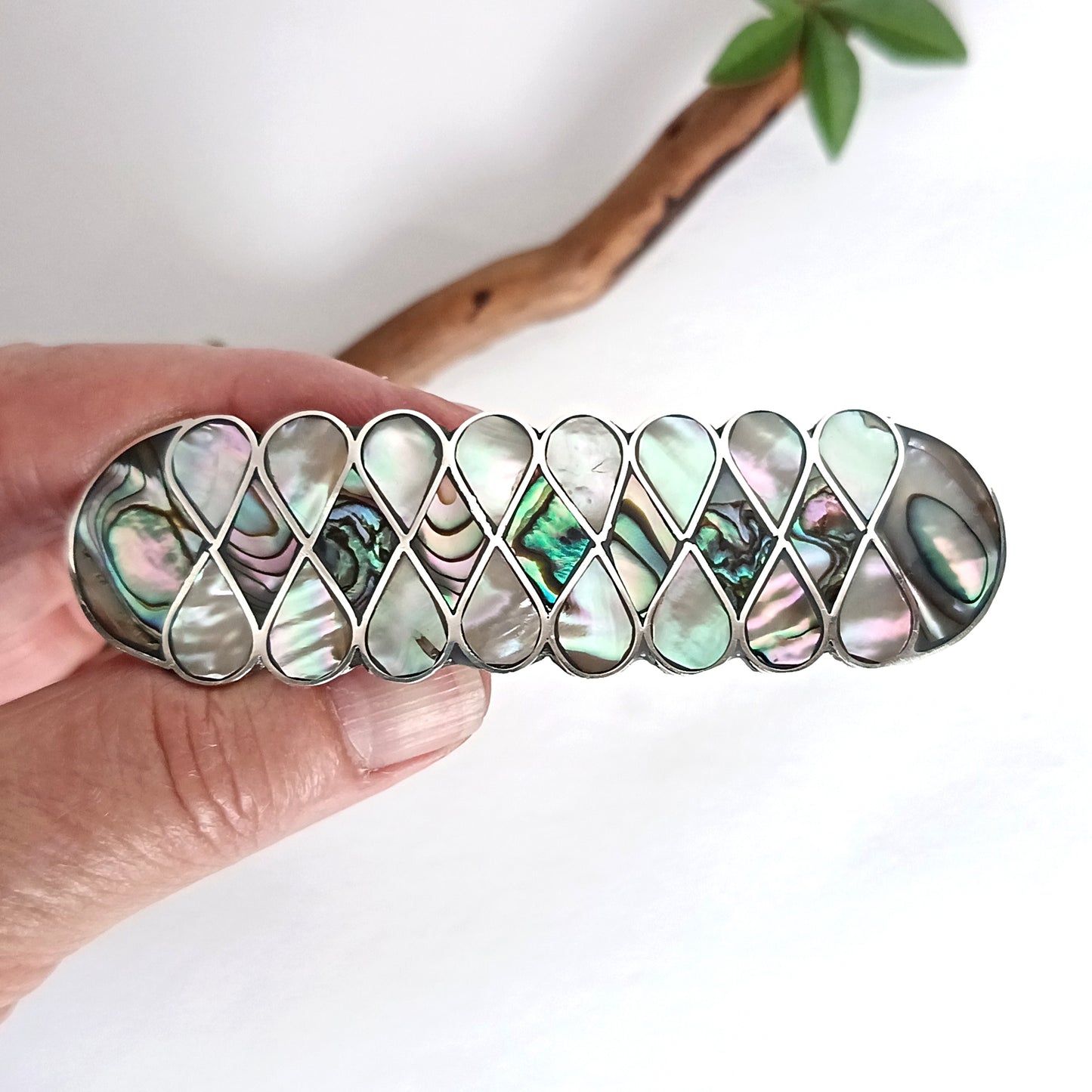 Art Nouveau Abalone Mother of Pearl Hair Barrette - Handcrafted Artisan Shell Inlay