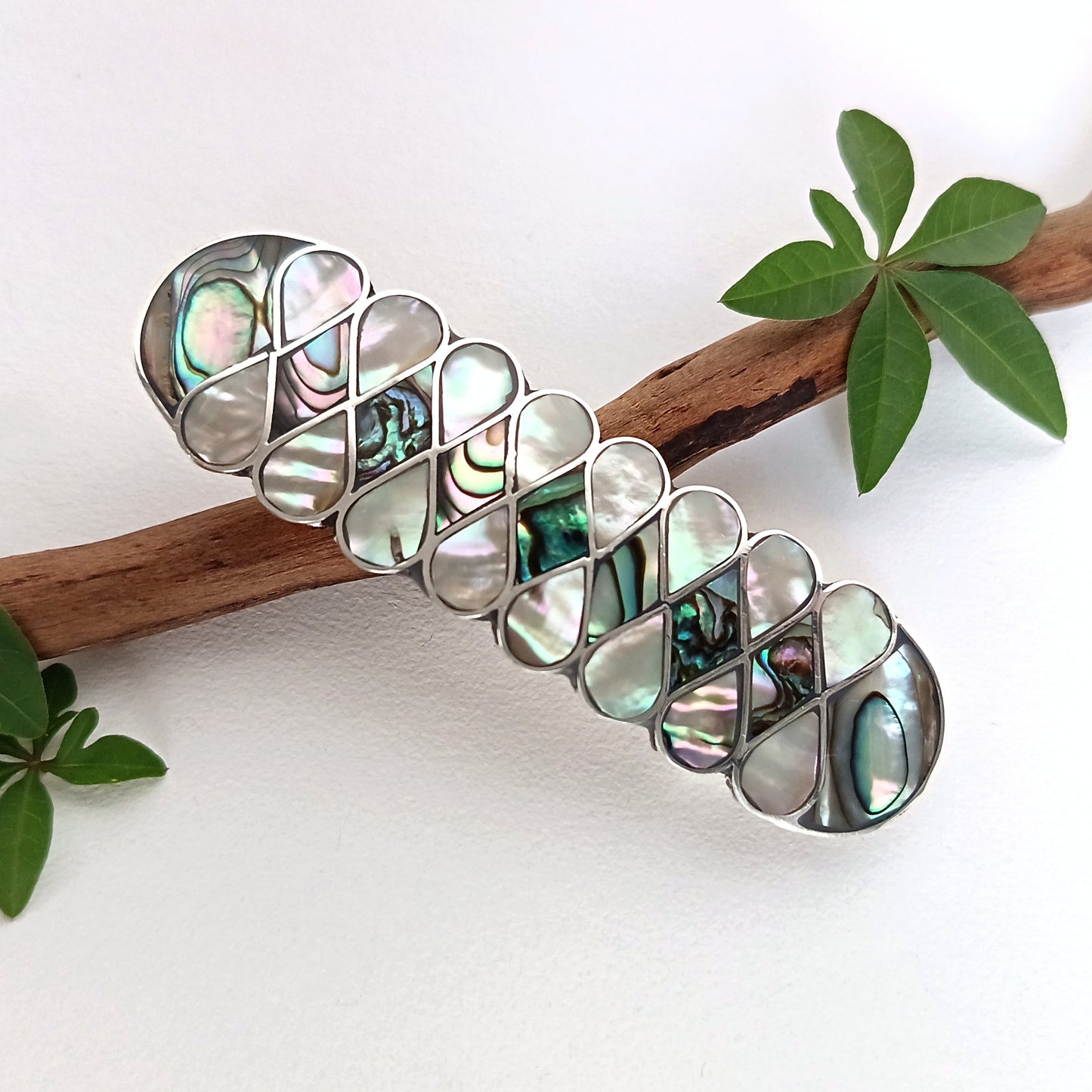 Art Nouveau Abalone Mother of Pearl Hair Barrette - Handcrafted Artisan Shell Inlay