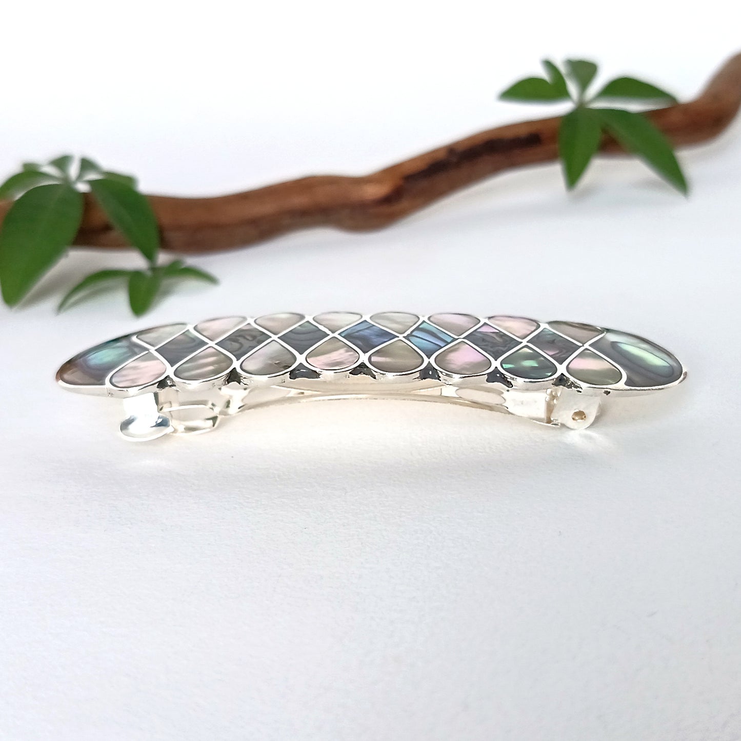 Art Nouveau Abalone Mother of Pearl Hair Barrette - Handcrafted Artisan Shell Inlay