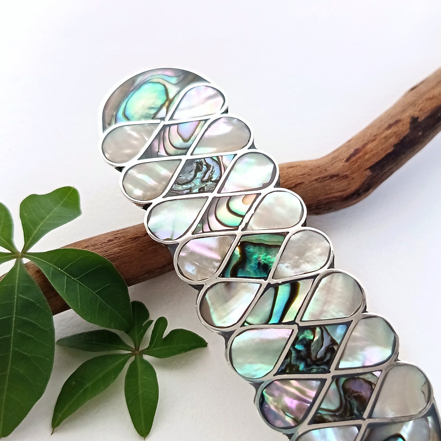 Art Nouveau Abalone Mother of Pearl Hair Barrette - Handcrafted Artisan Shell Inlay