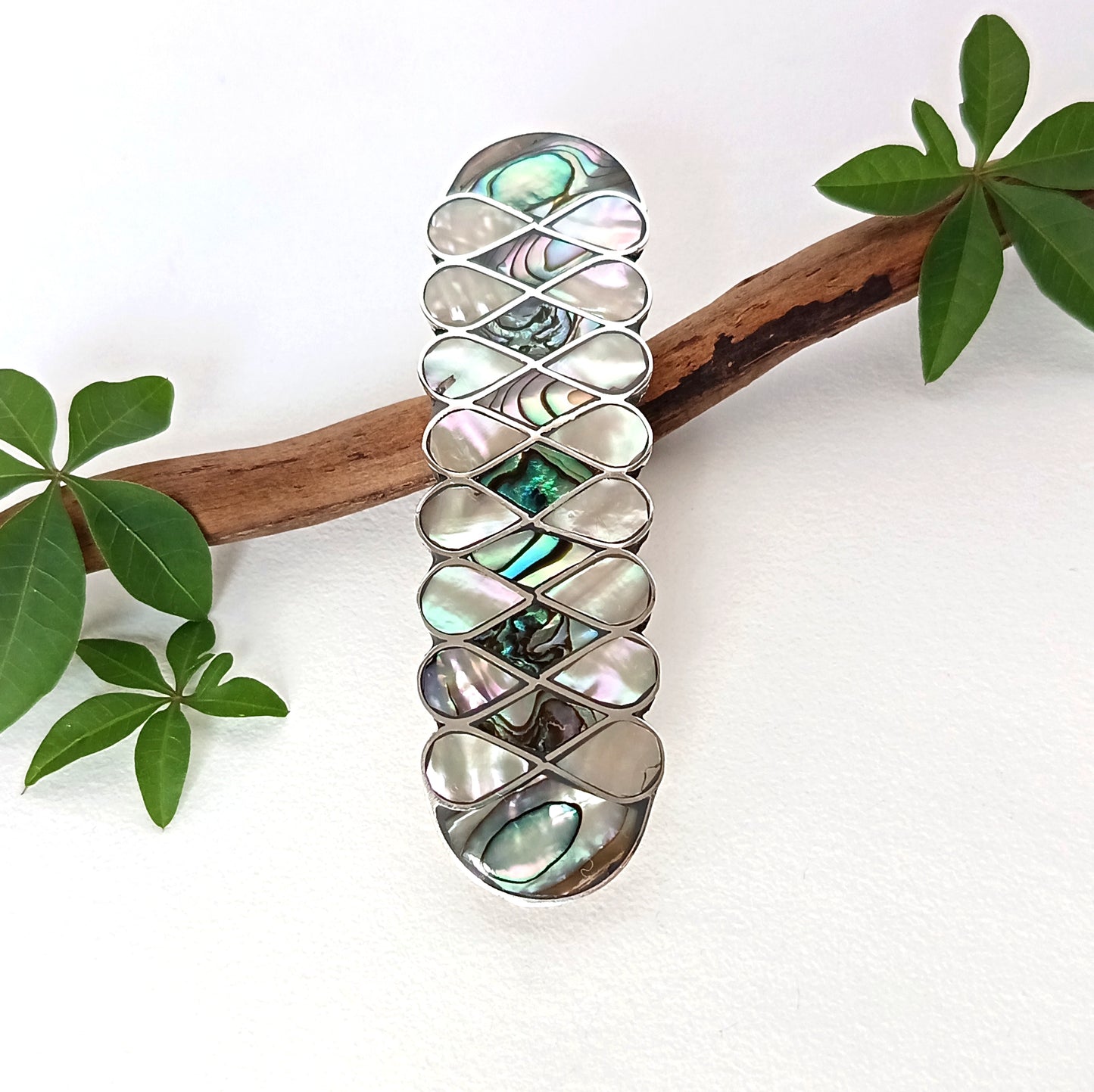 Art Nouveau Abalone Mother of Pearl Hair Barrette - Handcrafted Artisan Shell Inlay