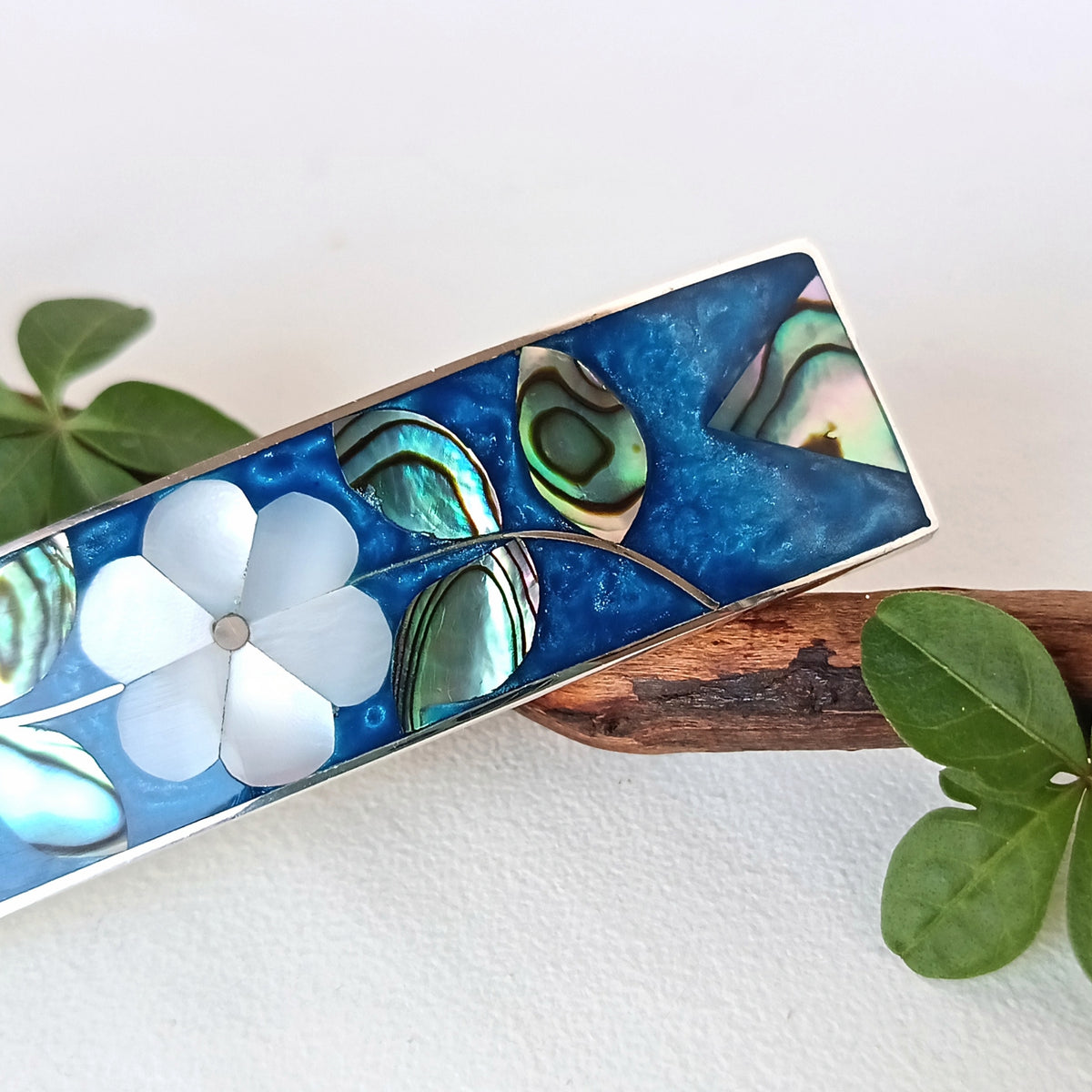 Mother of Pearl & Teal Enamel Hair Barrette