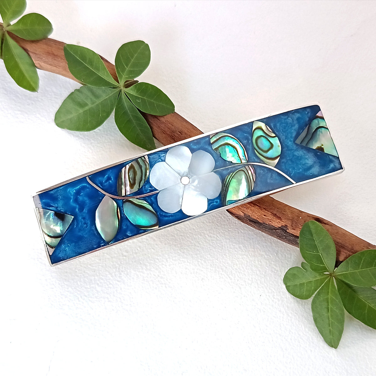 Mother of Pearl & Teal Enamel Hair Barrette