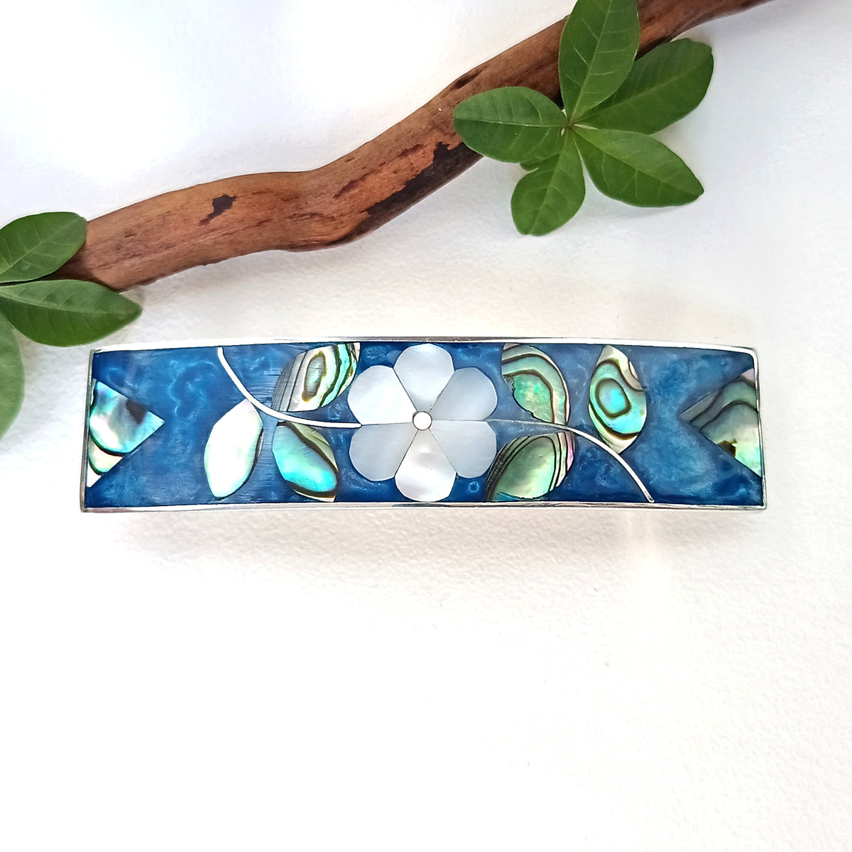 Mother of Pearl & Teal Enamel Hair Barrette