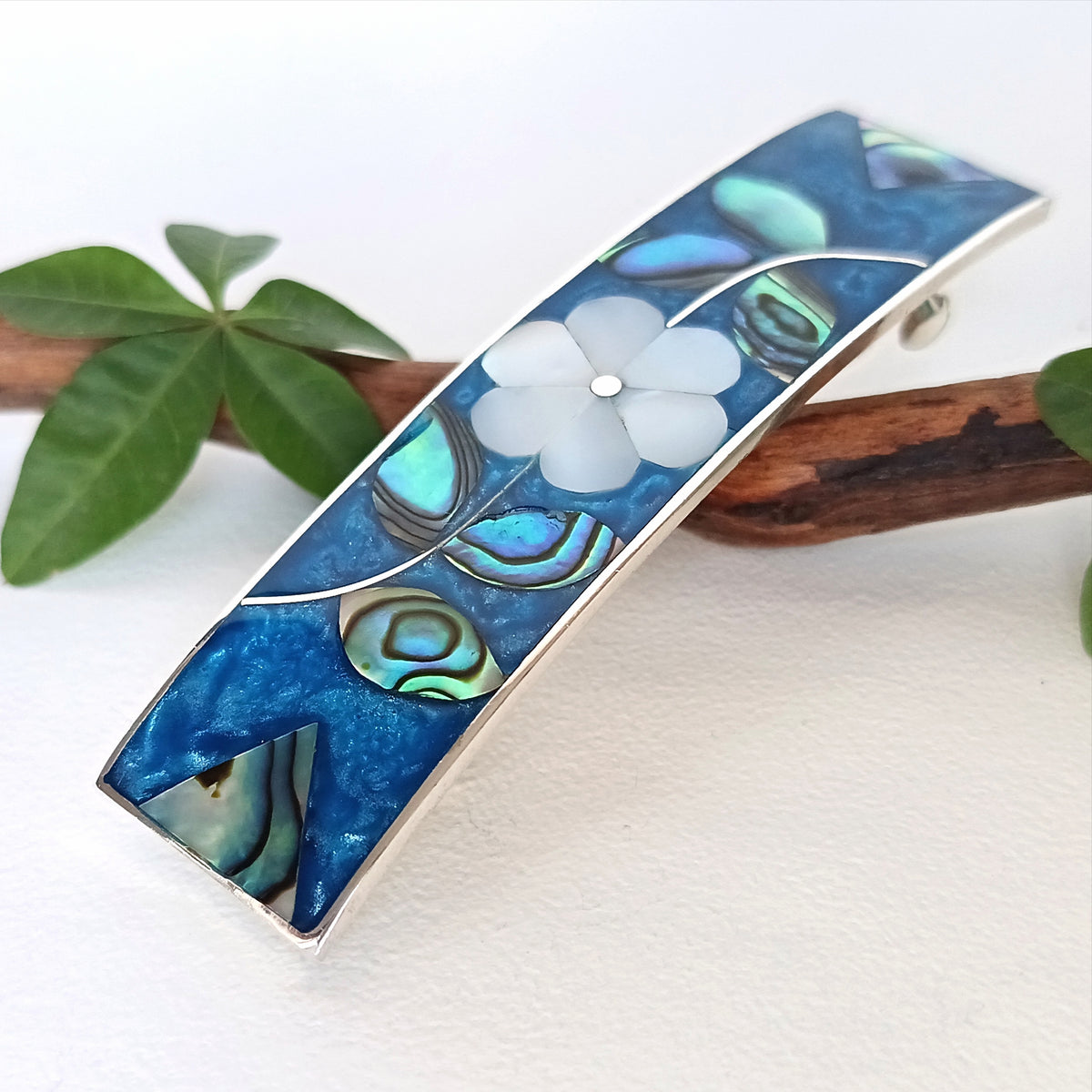 Mother of Pearl & Teal Enamel Hair Barrette