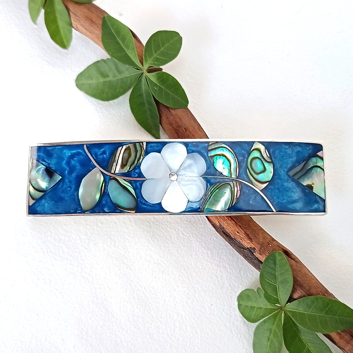 Mother of Pearl & Teal Enamel Hair Barrette