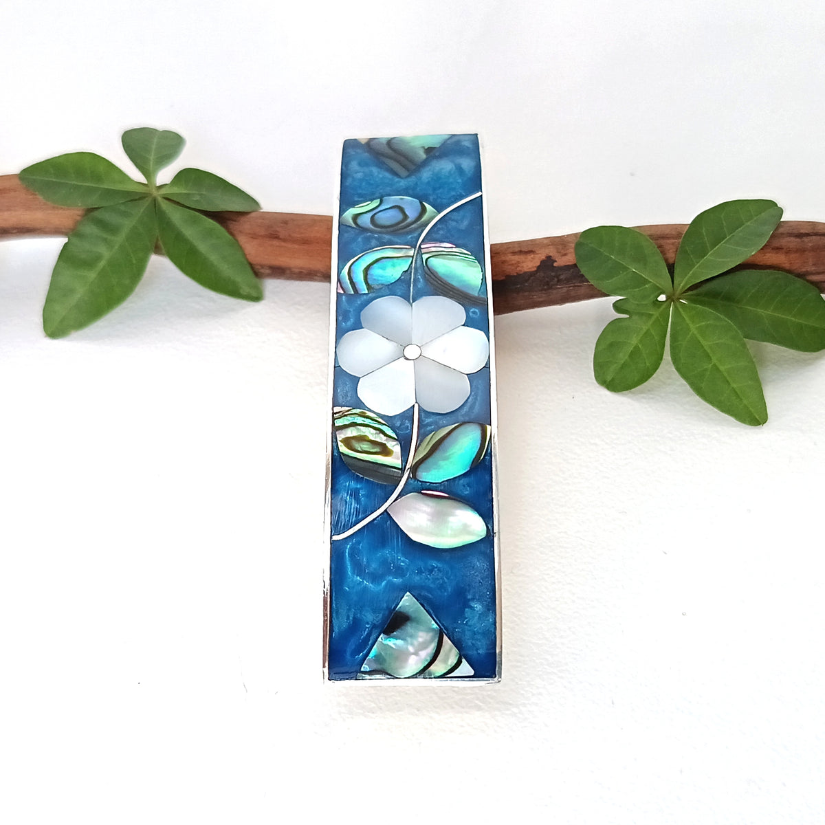 Mother of Pearl & Teal Enamel Hair Barrette