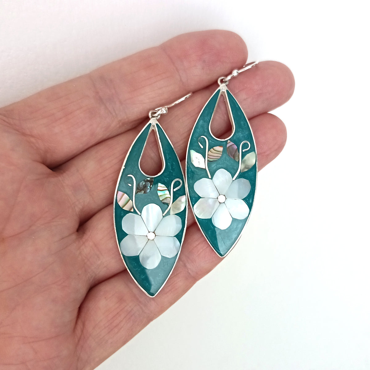 Mother of Pearl Flower Earrings, Teal Green Enamel Inlay