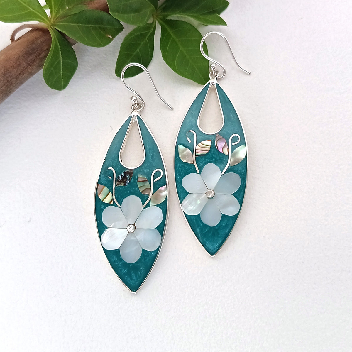 Mother of Pearl Flower Earrings, Teal Green Enamel Inlay