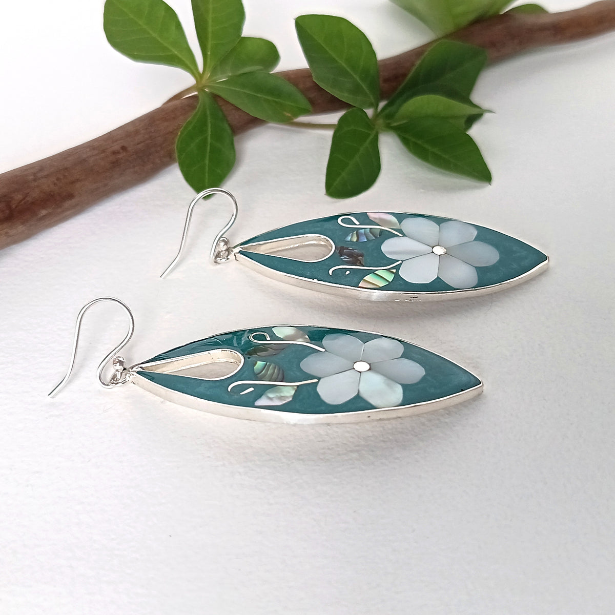 Mother of Pearl Flower Earrings, Teal Green Enamel Inlay