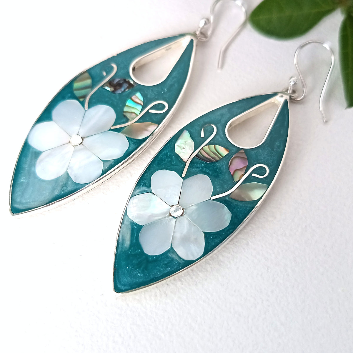 Mother of Pearl Flower Earrings, Teal Green Enamel Inlay