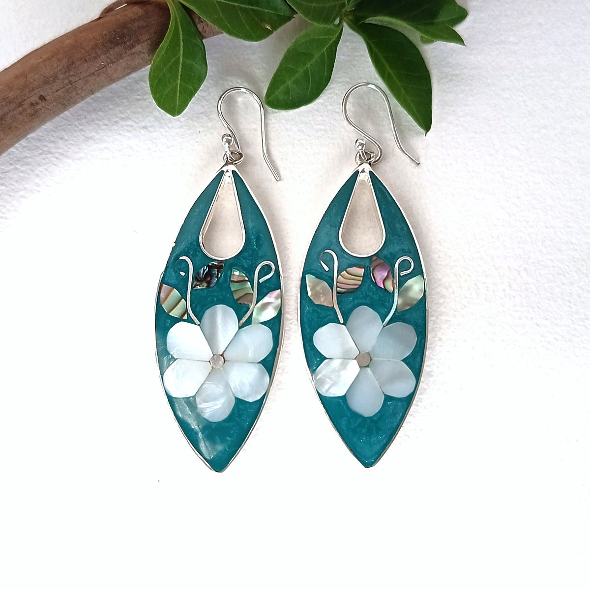Mother of Pearl Flower Earrings, Teal Green Enamel Inlay