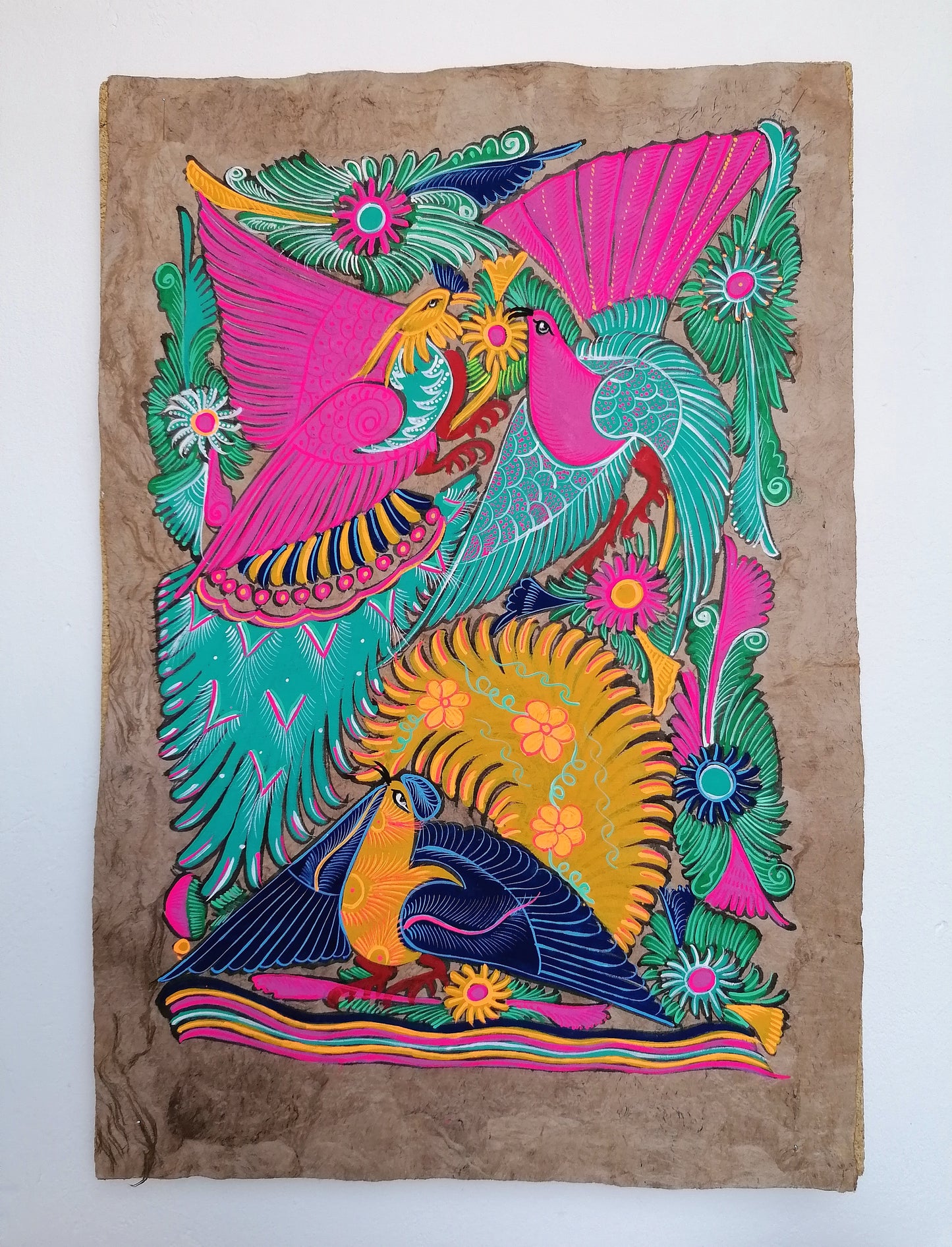 Tropical Peacocks - Bark Painting 24"x16"