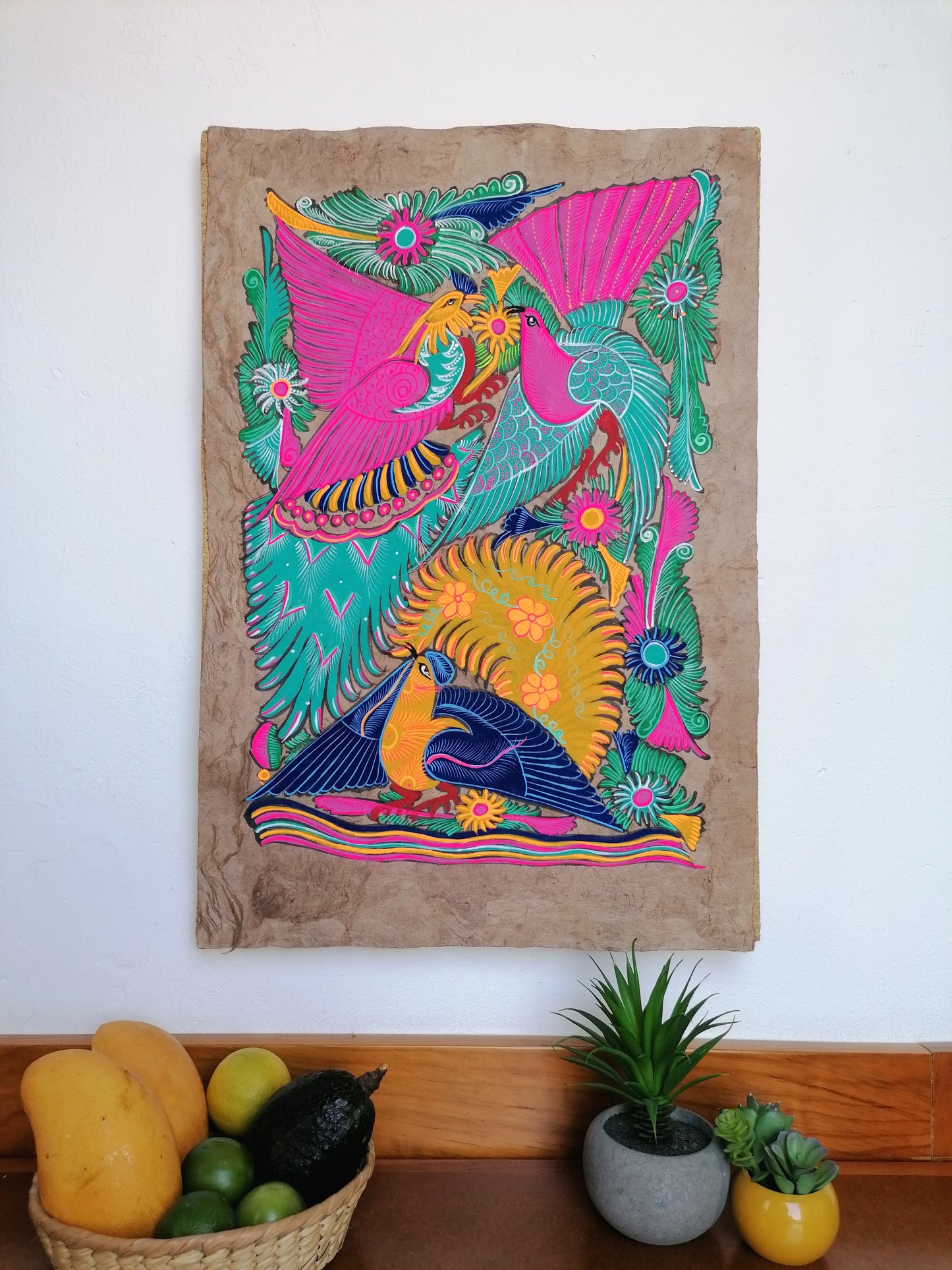 Tropical Peacocks - Bark Painting 24"x16"